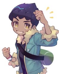 Rule 34 | 1boy, bag, black shirt, blue jacket, blush, bright pupils, clenched hands, commentary request, creatures (company), dark-skinned male, dark skin, duffel bag, dynamax band, fur-trimmed jacket, fur trim, game freak, green bag, grin, hop (pokemon), jacket, male focus, nintendo, notice lines, open clothes, open jacket, pokemon, pokemon swsh, purple hair, shirt, short hair, simple background, sleeves past elbows, smile, solo, white background, white pupils, yamunashi, yellow eyes