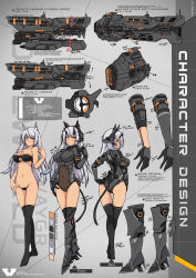 Rule 34 | 1girl, animal ears, armored boots, armored leotard, black thighhighs, boots, bra, cat ears, cat tail, character sheet, commentary, detail, english commentary, english text, full body, gauntlets, headgear, high heels, highres, homeworld, homeworld 2, horns, huge weapon, long hair, mecha musume, mechanical ears, mechanical parts, multiple views, orange eyes, personification, red eyes, spacecraft, standing, tail, thighhighs, underwear, underwear only, very long hair, weapon, white hair, xandier59