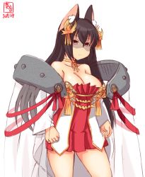 Rule 34 | 1girl, alternate costume, animal ear fluff, animal ears, artist logo, azur lane, bare shoulders, black hair, breasts, cleavage, collarbone, commentary request, cosplay, cowboy shot, dated, dress, fox ears, hair ornament, highres, historical name connection, kanon (kurogane knights), kantai collection, large breasts, long hair, looking at viewer, nagato (azur lane), nagato (azur lane) (cosplay), nagato (kancolle), name connection, pleated dress, red dress, red eyes, shaded face, simple background, sleeveless, sleeveless dress, solo, standing, strapless, strapless dress, white background