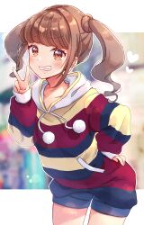 Rule 34 | 1girl, absurdres, blue shorts, blurry, blurry background, brown eyes, brown hair, casual, commentary, cowboy shot, drawstring, grin, hand on own hip, healin&#039; good precure, heart, highres, hiramitsu hinata, hood, hood down, hoodie, leaning forward, long sleeves, looking at viewer, medium hair, multicolored clothes, multicolored hoodie, precure, short shorts, shorts, shuu (mniarnoakou), smile, solo, standing, twintails, twitter username, v