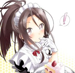 Rule 34 | !, 10s, 1girl, alternate costume, apron, black wings, blurry, brown eyes, brown hair, cake, cake slice, depth of field, plate, doily, enmaided, flat chest, food, fruit, gloves, high ponytail, kantai collection, light brown hair, long hair, maid, maid apron, maid headdress, natsupa, personification, plate, ponytail, short sleeves, solo, spoken exclamation mark, strawberry, strawberry shortcake, sweatdrop, waist apron, waitress, white gloves, wings, zuihou (kancolle)