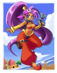 Rule 34 | 1girl, bandana, bandeau, blue eyes, bracer, breasts, cleavage, day, earrings, gun, handgun, harem pants, jewelry, kamiyama teten, large breasts, long hair, navel, outdoors, pants, pistol, pointy ears, ponytail, purple hair, shantae, shantae (series), shantae and the pirate&#039;s curse, shoes, smile, solo, thigh strap, very long hair, vest, weapon
