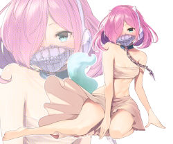 Rule 34 | 1girl, animal ear headphones, animal ears, aqua eyes, arm at side, arm support, bare arms, bare legs, bare shoulders, barefoot, between legs, breasts, chain, cleavage, collar, collarbone, covered mouth, dog ears, dog tail, eyelashes, fake animal ears, fingernails, full body, furukawa itsuse, hair over one eye, halftone, hand between legs, headphones, highres, kyou no cerberus, leash, light particles, looking at viewer, midriff, miniskirt, nail polish, navel, one eye covered, outline, pink hair, pink nails, roze (kyou no cerberus), short hair, sitting, skirt, small breasts, solo, stapler, stomach, strapless, tail, toenail polish, toenails, tube top, zoom layer