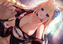 Rule 34 | 1boy, 1girl, animal ear fluff, animal ears, blonde hair, blue eyes, blurry, blurry foreground, breasts, breasts out, cowgirl position, dutch angle, flower, fox ears, fox girl, fox tail, hair flower, hair ornament, hetero, highres, holding hands, japanese clothes, kimono, kumakko, large breasts, looking at viewer, nipples, open mouth, original, pov, sex, smile, solo focus, straddling, tail, yukata