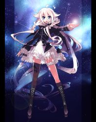 Rule 34 | 1girl, asymmetrical legwear, bad id, bad pixiv id, blue eyes, boots, bridal garter, cross-laced footwear, highres, ia (vocaloid), knee boots, lace-up boots, long hair, mismatched legwear, outstretched arm, sagittarius (constellation), sky, solo, star (sky), starry sky, thigh strap, thighhighs, toujou chika, uneven legwear, very long hair, vocaloid