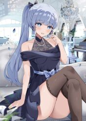 Rule 34 | 1girl, absurdres, ayaka (genshin impact), bare shoulders, black thighhighs, blue dress, blue eyes, blue hair, blunt bangs, blush, breasts, collarbone, dress, genshin impact, hair ornament, highres, long hair, looking at viewer, medium breasts, mole, mole under eye, open mouth, ponytail, rim (ririm711), smile, solo, thighhighs