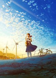 Rule 34 | 1girl, animal, barefoot, beach, bicycle, bird, blue dress, blue sky, brown hair, cloud, cloudy sky, commentary request, dress, floating hair, highres, holding, holding instrument, instrument, long hair, long sleeves, low ponytail, mocha (cotton), original, outdoors, pleated dress, ponytail, sand, shirt, sky, sleeveless, sleeveless dress, solo, standing, sunset, white shirt, wind turbine, windmill