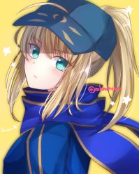 Rule 34 | 1girl, ahoge, artoria pendragon (fate), baseball cap, blonde hair, blue eyes, blue jacket, blue scarf, blush, closed mouth, fate/grand order, fate (series), from side, hair between eyes, hat, highres, jacket, looking at viewer, looking to the side, mysterious heroine x (fate), ponytail, scarf, simple background, solo, tanaji, twitter username, yellow background