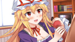 Rule 34 | 1boy, 1girl, :d, alternate eye color, blonde hair, blush, book, bookshelf, breasts, brown eyes, censored, choker, cleavage, commentary request, dress, e.o., frilled sleeves, frills, grabbing, hair between eyes, hat, hat ribbon, hetero, highres, indoors, juliet sleeves, large breasts, long hair, long sleeves, looking up, mob cap, monitor, mosaic censoring, open mouth, penis, penis grab, puffy sleeves, purple dress, red choker, red ribbon, ribbon, ribbon choker, sidelocks, smile, solo focus, television, touhou, upper body, white hat, wide sleeves, window, yakumo yukari