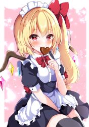 Rule 34 | 1girl, absurdres, alternate costume, apron, black dress, blonde hair, bow, bowtie, candy, chocolate, chocolate heart, dress, enmaided, flandre scarlet, food, frilled apron, frills, heart, highres, looking at viewer, maid, maid apron, maid headdress, mouth hold, one side up, pink background, puffy short sleeves, puffy sleeves, red bow, red bowtie, red eyes, shirotsuki shirone, short sleeves, smile, solo, thighhighs, touhou, valentine, waist apron, white apron, wings