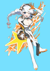 Rule 34 | 1girl, :d, absurdres, ahoge, blue background, blue eyes, bodysuit, braid, breasts, cleavage, cleavage cutout, clothing cutout, crossed legs, gun, highres, holding, holding gun, holding weapon, honkai (series), honkai impact 3rd, invisible chair, kiana kaslana, kiana kaslana (white comet), large breasts, long hair, looking at viewer, medium breasts, naiawakashi, one eye closed, open mouth, sitting, smile, solo, star (symbol), twin braids, very long hair, weapon, white bodysuit, white hair