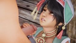Rule 34 | 1boy, 1girl, 3d, artist request, black hair, braid, braided ponytail, brown eyes, clothed female nude male, erection, handjob, highres, kneeling, looking up, namco, nervous, non-web source, nude, penis, soul calibur, soulcalibur, soulcalibur vi, talim