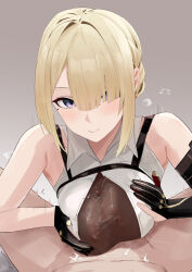 1boy 1girl asymmetrical_gloves blonde_hair blush breasts breasts_squeezed_together closed_mouth clothed_female_nude_male dated evelyn_chevalier gloves hair_over_one_eye hetero large_breasts looking_at_viewer mismatched_gloves mole mole_under_eye nude oza_osuwari paizuri paizuri_under_clothes pov pov_crotch textless_version zenless_zone_zero