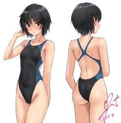 Rule 34 | 1girl, amagami, ass, black hair, black one-piece swimsuit, breasts, brown eyes, commentary request, commission, competition swimsuit, cowboy shot, dated, highleg, highleg swimsuit, highres, multiple views, nanasaki ai, one-piece swimsuit, pixiv commission, short hair, signature, simple background, small breasts, swimsuit, two-tone swimsuit, white background, yoo tenchi