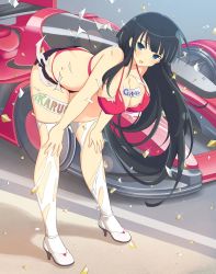 Rule 34 | 1girl, ass, bare back, bare hips, bare shoulders, bend, black hair, blue eyes, bra, breasts, car, cleavage, hands on own knees, highres, ikaruga (senran kagura), large breasts, leaning forward, legs, legs apart, long hair, looking at viewer, miniskirt, motor vehicle, open mouth, panties, race queen, race vehicle, racecar, racing, red panties, senran kagura, sideboob, skirt, solo, standing, thighhighs, thighs, thong, torn clothes, underwear, white thighhighs