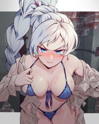 Rule 34 | 1girl, angry, bad id, bad pixiv id, bare shoulders, bikini, blue bikini, blue eyes, blush, braid, breasts, brown jacket, cleavage, collarbone, commentary request, hair ornament, highres, jacket, large breasts, long braid, long hair, long sleeves, looking at viewer, ponytail, rwby, scar, scar across eye, scar on face, single braid, solo, swimsuit, tearing up, wangxiii, weiss schnee, white hair