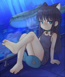 Rule 34 | 1girl, animal ears, aquarium, bare shoulders, barefoot, bell, black hair, blue eyes, cat ears, cat girl, earrings, expressionless, feet, full body, half-closed eyes, highres, indoors, jewelry, knees together feet apart, knees up, leg up, legs, looking to the side, neck bell, on floor, original, self-harm scar, soles, solo, spaghetti strap, stuffed animal, stuffed fish, stuffed toy, syrupmelty, toenails, toes, whale shark, wispy bangs