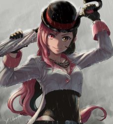 Rule 34 | 1girl, belt, black gloves, bowler hat, breasts, brown eyes, brown hair, buttons, cleavage, cloud, cloudy sky, gloves, grey sky, hat, hat feather, heterochromia, highres, jewelry, leotard, long hair, long sleeves, looking at viewer, multicolored hair, necklace, neo politan, pink eyes, pink hair, rain, rwby, sky, sleeve cuffs, smile, solo, split-color hair, two-tone hair, umbrella, ume (yume uta da)