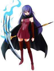 Rule 34 | 1girl, blue hair, boots, breasts, cape, clothing cutout, detached sleeves, dress, flat chest, full body, gloves, haqua d&#039;rot herminium, kami nomi zo shiru sekai, long hair, navel, navel cutout, non-web source, red eyes, red thighhighs, scythe, small breasts, solo, thigh boots, thighhighs, transparent background, weapon, zettai ryouiki