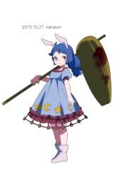 Rule 34 | 1girl, animal ears, blood, bloody weapon, blue dress, blue hair, dress, full body, highres, kine, mallet, multi-tied hair, namauni, puffy sleeves, rabbit ears, red eyes, seiran (touhou), smile, solo, touhou, weapon