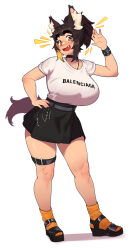 Rule 34 | 1girl, animal ear fluff, animal ears, arm up, balenciaga, belt, black belt, black choker, black footwear, black skirt, blonde hair, blush, bracelet, bralines, breasts, brown hair, buckle, choker, commentary, curvy, english commentary, fang, fox ears, full body, hand on own hip, haru feng, highres, huge breasts, jewelry, light smile, looking at viewer, miniskirt, multicolored hair, necklace, open mouth, orange socks, original, print shirt, revision, shirt, shirt tucked in, short bangs, short hair, short hair with long locks, short sleeves, sidelocks, simple background, skirt, smile, socks, solo, standing, tail, tented shirt, thick eyebrows, thigh strap, two-tone hair, vicky wang, waving, white background, white shirt, yellow eyes