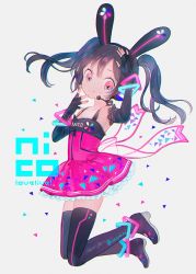 Rule 34 | 10s, 1girl, animal ears, bad id, bad twitter id, black hair, boots, rabbit ears, character name, copyright name, dress, elbow gloves, fingerless gloves, gloves, headset, high heel boots, high heels, jumping, love live!, love live! school idol festival, love live! school idol project, pechika, red eyes, sash, smile, solo, thigh boots, thighhighs, twintails, twitter username, yazawa nico
