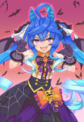 Rule 34 | 1girl, @ @, ahoge, animal ears, aqua hair, bat (animal), bat wings, black bow, black bowtie, black skirt, blue eyes, blue hair, bow, bowtie, brown shirt, claw pose, commentary request, cosplay, cowboy shot, crossed bangs, curled fingers, frilled gloves, frills, gloves, gradient background, hair bow, hands up, heterochromia, highres, horse ears, horse girl, horse tail, long hair, looking at viewer, monmonmur, multicolored hair, open mouth, orange bow, outline, pink eyes, puffy short sleeves, puffy sleeves, red background, rice shower (make up vampire!) (umamusume), rice shower (umamusume), rice shower (umamusume) (cosplay), sharp teeth, shirt, short sleeves, sidelocks, skirt, spider web print, striped bow, tail, teeth, twin turbo (umamusume), twintails, twitter username, two-tone hair, umamusume, upper teeth only, v-shaped eyebrows, very long hair, wings