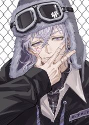Rule 34 | 1boy, bandaid, bandaid on face, black jacket, black shirt, closed mouth, cross, cross necklace, earrings, fur hat, goggles, goggles on headwear, grey hair, grey hat, hair between eyes, hand up, hat, jacket, jewelry, long sleeves, looking at viewer, male focus, mitsuya takashi, necklace, purple eyes, ring, shirt, short hair, single earring, smile, solo, sticker, tokyo revengers, upper body, v, xiaopa25