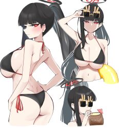 Rule 34 | absurdres, adjusting eyewear, ass, bare shoulders, bikini, black bikini, black hair, blue archive, breasts, cleavage, closed mouth, coconut, coconut cup, commentary, drinking, drinking straw, gen (unzzenasd), halo, halterneck, hand on own hip, highres, innertube, large breasts, long hair, looking at viewer, multiple views, navel, novelty glasses, ponytail, red eyes, rio (blue archive), side-tie bikini bottom, sidelocks, simple background, sunglasses, swim ring, swimsuit, white background