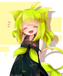 Rule 34 | 1girl, :d, ahoge, animal ears, arms behind back, bare shoulders, black dress, closed eyes, collared dress, commentary request, cowboy shot, dress, facing viewer, fangs, green hair, hair ornament, highres, light blush, long hair, notice lines, open mouth, original, skin fangs, sleeveless, sleeveless dress, smile, solo, twitter username, uenomigi