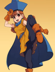 Rule 34 | 1girl, alena (dq4), belt, black leggings, blue cape, blue hat, brown footwear, brown gloves, brown hair, cape, crotch seam, curly hair, dragon quest, dragon quest iv, earrings, female focus, fighting stance, gloves, gradient background, hat, jewelry, leggings, looking at viewer, open mouth, red eyes, solo, standing, standing on one leg, stupa13a, tunic, yellow background