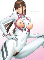 Rule 34 | 1girl, bodysuit, breasts, brown hair, evangelion: 3.0+1.0 thrice upon a time, excessive pubic hair, female pubic hair, glasses, gradient background, green eyes, hair ornament, hand on own hip, interface headset, large breasts, long hair, looking at viewer, makinami mari illustrious, multicolored bodysuit, multicolored clothes, neon genesis evangelion, nipples, parted lips, pilot suit, plugsuit, pubic hair, rebuild of evangelion, red-framed eyewear, semi-rimless eyewear, shiny clothes, skin tight, solo, translation request, under-rim eyewear, watanabe yasuaki, white bodysuit