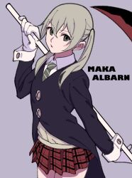 Rule 34 | 1girl, character name, collared shirt, commentary, cuff links, gloves, green eyes, green necktie, grey background, grey hair, highres, holding, holding scythe, holding weapon, kashiwa (iersansi), long sleeves, looking at viewer, maka albarn, necktie, parted lips, plaid, plaid skirt, pleated skirt, scythe, shirt, simple background, skirt, solo, soul eater, twintails, weapon, white gloves, white shirt
