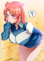 Rule 34 | 1girl, :o, ?, absurdres, arm behind back, bad id, bad twitter id, blue jacket, blush, breasts, breath, collarbone, collared jacket, covered erect nipples, hair between eyes, tucking hair, hand in own hair, hand up, heart, highres, ikuchan kaoru, jacket, large breasts, leaning forward, legs together, long sleeves, looking at viewer, medium hair, mikakunin de shinkoukei, no pants, orange hair, parted bangs, parted lips, purple eyes, sidelocks, solo, sparkle, spoken question mark, standing, sweat, thick thighs, thighs, track jacket, two side up, water drop, wing collar, yonomori kobeni, zipper, zipper pull tab