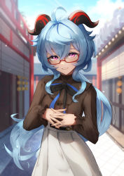 Rule 34 | 1girl, ahoge, announ (kurotya), blue hair, blue sky, blush, breasts, commentary request, contemporary, day, ganyu (china merchants bank) (genshin impact), ganyu (genshin impact), genshin impact, glasses, grin, highres, horns, long hair, looking at viewer, medium breasts, outdoors, purple eyes, sidelocks, sky, smile, solo
