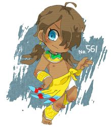 Rule 34 | 10s, ahoge, bare shoulders, blue eyes, brown hair, creatures (company), dark skin, frown, game freak, gen 5 pokemon, hair over one eye, jewelry, necklace, nintendo, personification, pokemon, pokemon bw, ponytail, shorts, sigilyph, topless male