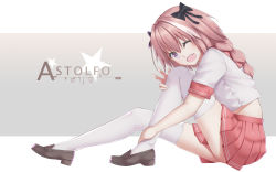 Rule 34 | 1boy, ;d, androgynous, astolfo (fate), astolfo (sailor paladin) (fate), black bow, black footwear, blouse, bow, braid, braided ponytail, character name, crop top, crossdressing, fang, fate/apocrypha, fate (series), hair bow, highres, loafers, long hair, looking at viewer, male focus, midriff, miniskirt, nestea, official alternate costume, one eye closed, open mouth, pink hair, pleated skirt, purple eyes, red skirt, school uniform, shirt, shoes, short sleeves, single braid, skirt, smile, solo, thighhighs, trap, w, white shirt, white thighhighs, zettai ryouiki
