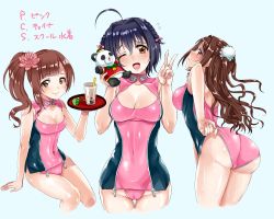 Rule 34 | 3girls, adjusting clothes, adjusting swimsuit, ahoge, ass, back, bare shoulders, black hair, black one-piece swimsuit, blue background, blush, braid, breasts, brown eyes, brown hair, bun cover, cleavage, cleavage cutout, clothing cutout, covered navel, drink, flower, flying sweatdrops, futou ryouko, hair between eyes, hair bun, hair flower, hair ornament, hand gesture, hip focus, idolmaster, idolmaster cinderella girls, igarashi kyoko, kohinata miho, large breasts, long hair, looking at viewer, looking back, medium breasts, multiple girls, one-piece swimsuit, one eye closed, one side up, open mouth, panda, pink check school, pink one-piece swimsuit, shimamura uzuki, short braid, short hair, side braids, side ponytail, simple background, single hair bun, sitting, smile, stuffed animal, stuffed toy, swimsuit, thighs, tray, twin braids, two-tone swimsuit, v