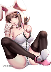 Rule 34 | 1girl, animal ears, artist name, ass, bare shoulders, black leotard, black thighhighs, breasts, brown eyes, brown hair, cleavage, commentary, danganronpa (series), danganronpa 2: goodbye despair, excaliblader, fake animal ears, galaga, grey background, hair ornament, hairclip, hand up, hood, large breasts, leotard, looking at viewer, nanami chiaki, neck ribbon, official alternate costume, open mouth, pink footwear, pink ribbon, playboy bunny, rabbit ears, ribbon, shiny skin, shoes, simple background, sitting, skindentation, solo, spread legs, teeth, thighhighs, upper teeth only, white leotard