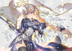 Rule 34 | 1girl, :d, armor, armored dress, black thighhighs, blonde hair, blue eyes, braid, capelet, chain, copyright name, cowboy shot, emmmerald, fate/apocrypha, fate/grand order, fate (series), faulds, flag, floral background, flower, gauntlets, headpiece, jeanne d&#039;arc (fate), jeanne d&#039;arc (ruler) (fate), light, light particles, long hair, looking at viewer, low-tied long hair, open mouth, petals, sheath, sheathed, single braid, smile, solo, sword, thighhighs, thighs, weapon, wind
