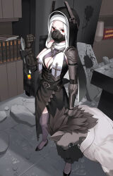 Rule 34 | 1girl, bare shoulders, belt, breasts, broken wall, cleavage, clenched hands, grey thighhighs, highres, kfr, long hair, mask, mechanical arms, mouth mask, nun, open mouth, original, red eyes, sharp teeth, teeth, thighhighs, veil, weapon, white hair