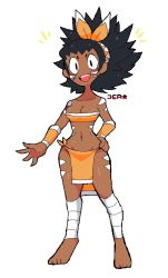 Rule 34 | 1girl, bandages, bandages on legs, barefoot, black eyes, black hair, blush, body markings, breasts, cleavage, collarbone, dark skin, facial mark, hairband, hand on own hip, long hair, looking at viewer, medium breasts, midriff, navel, open mouth, pelvic curtain, shirt, smile, sprayjea, standing, strapless, teeth, tribal, tube top, white background, wristband, yellow shirt