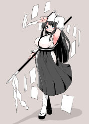 Rule 34 | 1girl, absurdres, arm up, armpits, black hair, black hakama, blue eyes, blunt bangs, breasts, closed mouth, detached sleeves, full body, gohei, grey background, hakama, harknel, highres, hime cut, holding, holding gohei, japanese clothes, kimono, large breasts, long hair, looking at viewer, nontraditional miko, ofuda, original, ribbon-trimmed sleeves, ribbon trim, sandals, shadow, short kimono, simple background, smile, solo, standing, thighhighs, v-shaped eyebrows, white kimono, white sleeves, white thighhighs, zouri