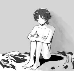 Rule 34 | 1boy, absurdres, bags under eyes, closed mouth, commentary, completely nude, genshin impact, greyscale, highres, hugging own legs, male focus, monochrome, nude, pillosopi, scaramouche (genshin impact), shadow, simple background, sitting, sketch, solo, symbol-only commentary, torn clothes