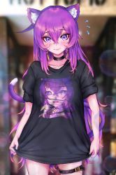 Rule 34 | 1girl, absurdres, alchemilla menace, animal ear fluff, animal ears, black choker, black shirt, blurry, blurry background, blush, choker, closed mouth, cowboy shot, cyberlive, flying sweatdrops, hair between eyes, highres, long hair, looking at viewer, lunarisbloom, purple eyes, purple hair, shirt, short sleeves, shy, skindentation, solo, standing, tail, thigh strap, virtual youtuber, wavy mouth