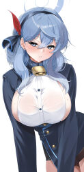 Rule 34 | 1girl, absurdres, ako (blue archive), bell, black skirt, blue archive, blue eyes, blue gloves, blue hair, blue jacket, blush, breasts, buttons, collar, cowbell, double-breasted, gloves, hair between eyes, hair ribbon, hairband, half gloves, halo, highres, jacket, large breasts, long hair, long sleeves, looking at viewer, miniskirt, oidoden2535, parted lips, pencil skirt, ribbon, sideboob, skirt, solo, underbust