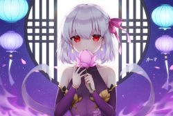 Rule 34 | 1girl, bare shoulders, blush, bow, breasts, character name, closed mouth, commentary request, covered collarbone, detached sleeves, dress, earrings, fate/grand order, fate (series), flower, hair between eyes, hair bow, holding, holding flower, jewelry, kama (fate), kama (first ascension) (fate), lantern, long sleeves, looking at viewer, lotus, paper lantern, pink flower, pong (vndn124), purple dress, purple sleeves, red bow, red eyes, round window, short hair, silver hair, sleeveless, sleeveless dress, small breasts, solo, upper body, window