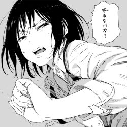 Rule 34 | 1girl, black hair, disgust, greyscale, japanese text, mebae, monochrome, open mouth, original, school uniform, solo, tagme, translation request
