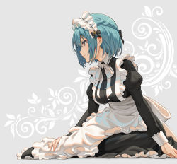 Rule 34 | 1girl, alice gear aegis, apron, black ribbon, blue hair, brown eyes, closed mouth, commentary request, frills, highres, looking away, maid, maid apron, maid headdress, mia voisin, pinakes, puffy sleeves, ribbon, sitting, smile, solo