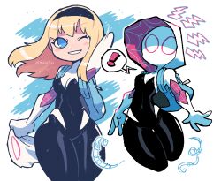 Rule 34 | !, 1girl, :d, absurdres, backpack, bag, bag charm, black headband, blonde hair, blue bag, blue eyes, blush stickers, bodysuit, breasts, cellphone, charm (object), commentary, contrapposto, earbuds, earphones, full body, gwen stacy, headband, highres, holding, holding phone, hood, hood down, hood up, hooded bodysuit, hooded jacket, jacket, jaggy lines, looking at viewer, lying, marvel, medium hair, mixed-language commentary, one eye closed, open mouth, phone, rariatto (ganguri), silk, small breasts, smartphone, smile, solo, spider-gwen, spider-man: into the spider-verse, spider-man (series), spider-verse, spider web, spoken exclamation mark, standing